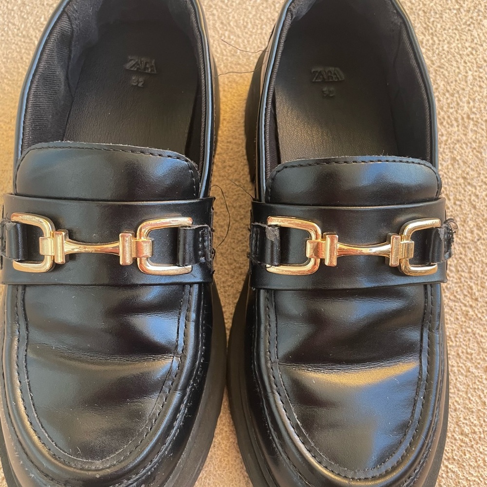 Zara Black Leather Loafers with Gold Bit Hardware